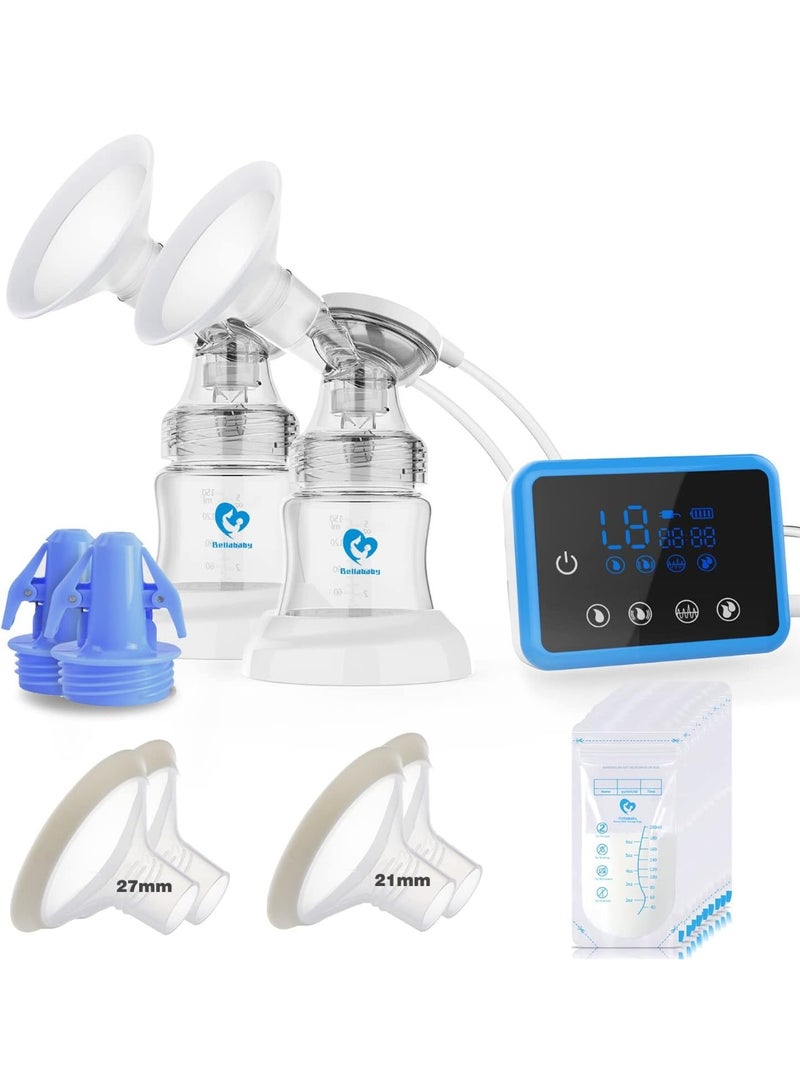 Bellababy Electric Breast Pump Double, 4 Modes & 9 Levels Efficient Suction, Touch Control LED Timer Display Rechargeable, Comes with 21mm, 24mm, 27mm Flanges, Clips and Milk Storage Bags - Image 1